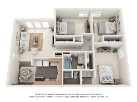 Floor plan for 3 beds, 2 baths, 1100 sqft